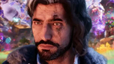 Bearded man with scar in colorful fantasy world