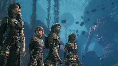 Adventurers explore an underwater fantasy world.