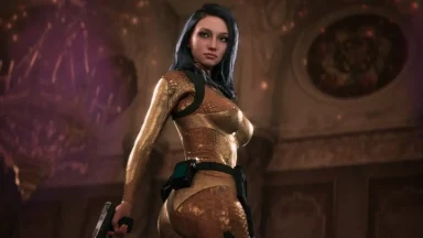 Female video game character in gold futuristic armor