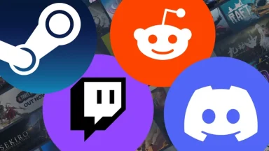Logos of Steam, Reddit, Twitch, and Discord