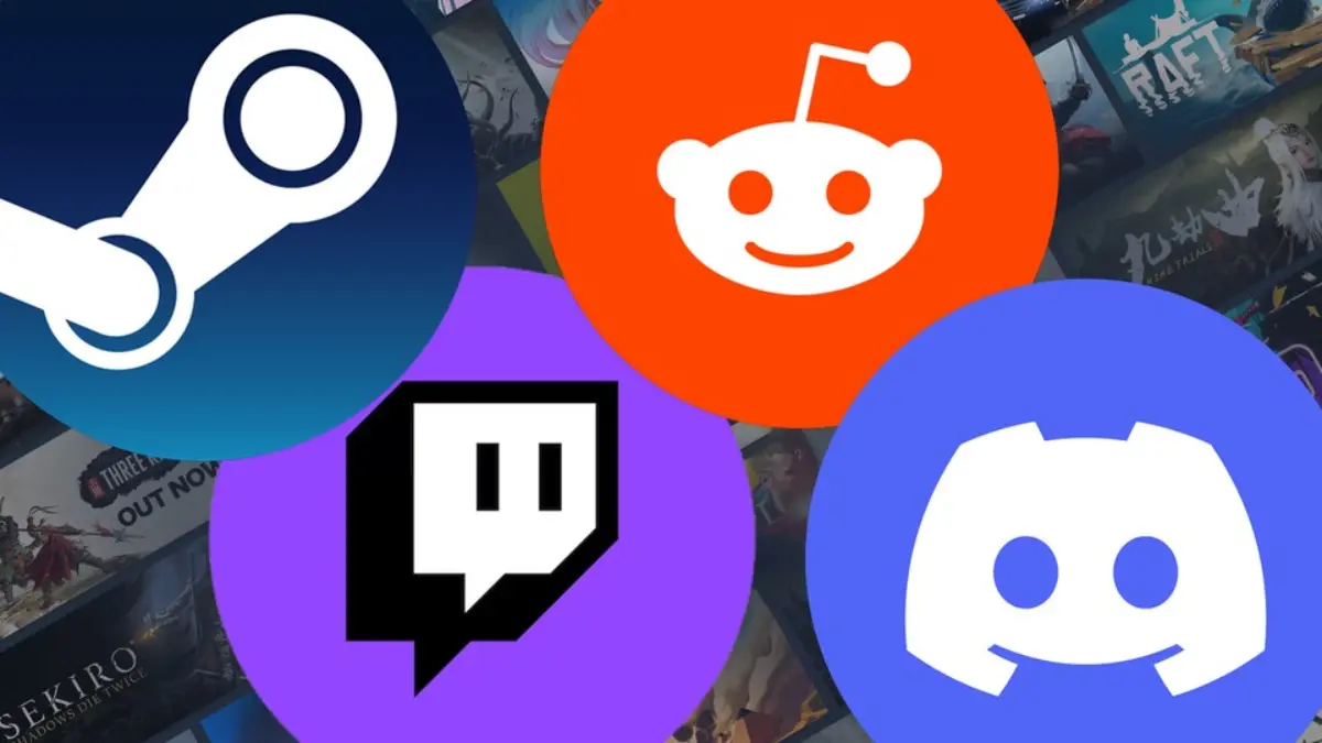 Logos of Steam, Reddit, Twitch, and Discord