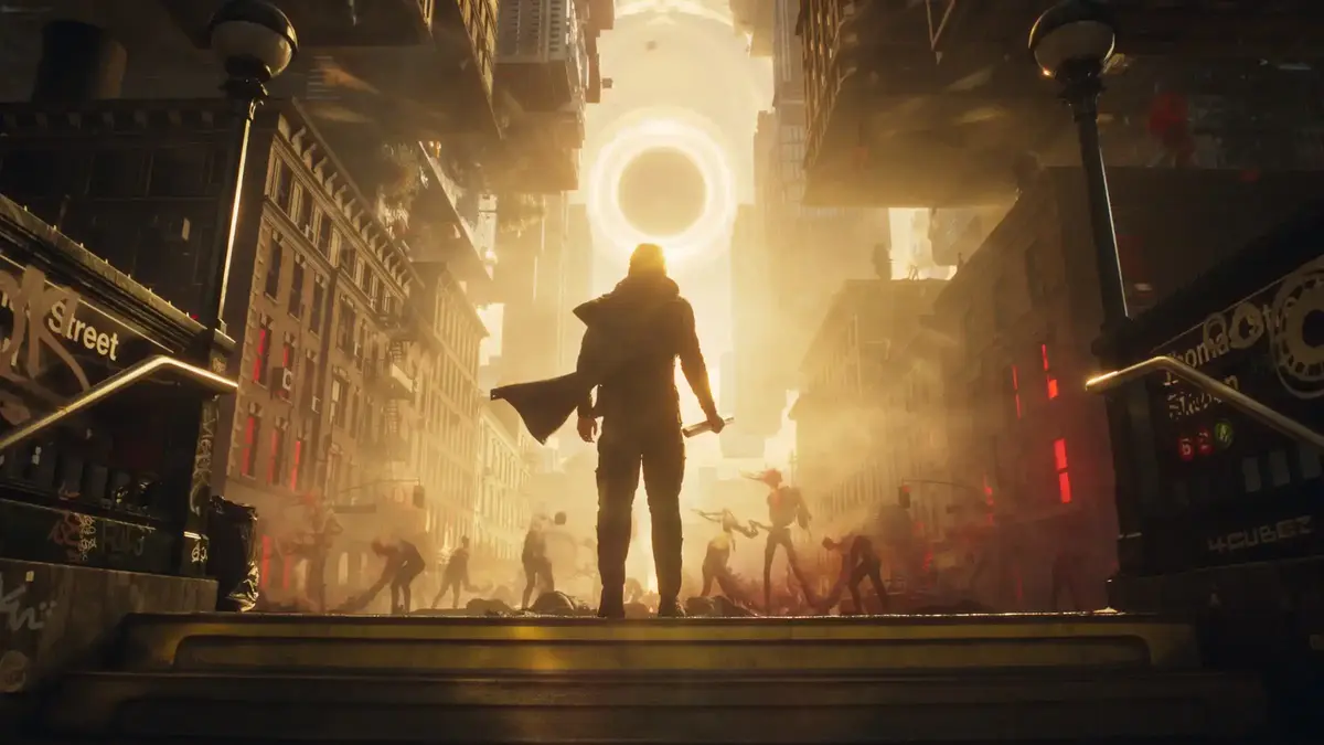 Silhouetted figure faces a glowing eclipse in ruined city