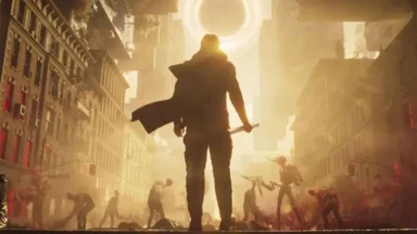 Silhouetted warrior facing monsters in apocalyptic city