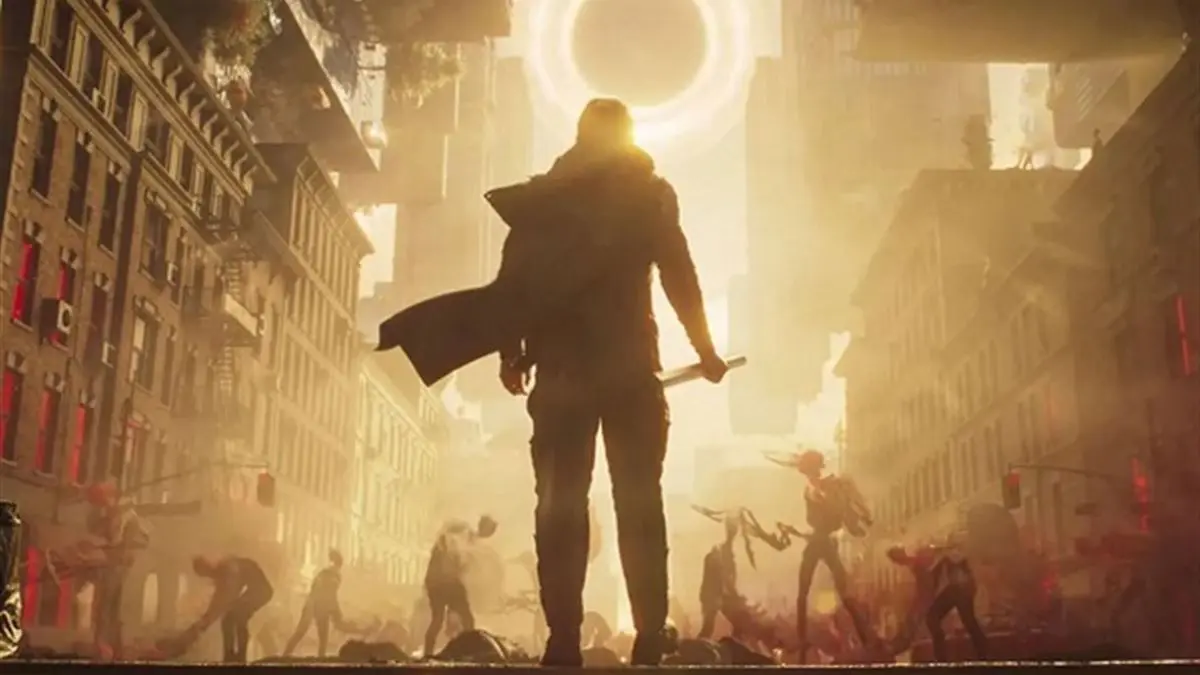 Silhouetted warrior facing monsters in apocalyptic city