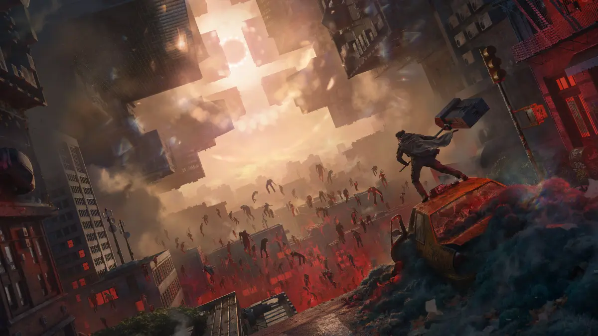 Hero fights zombies in apocalyptic cityscape