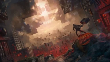 Apocalyptic city with floating buildings and falling people