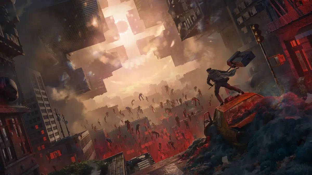 Apocalyptic city with floating buildings and falling people