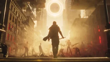 Hero faces monsters in a glowing apocalyptic city