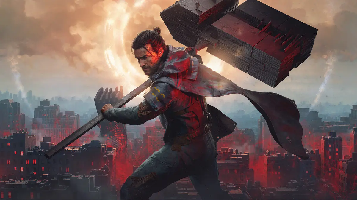 Cloaked warrior carries massive hammer above ruined futuristic city.