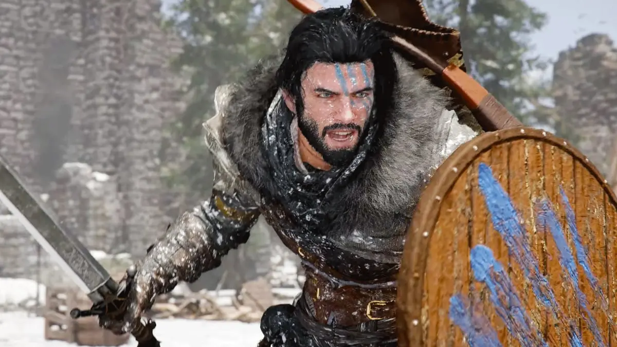 Fur-clad warrior with sword and shield in snow