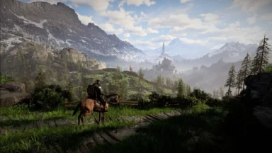 Knight on horseback overlooking mountain valley and castle