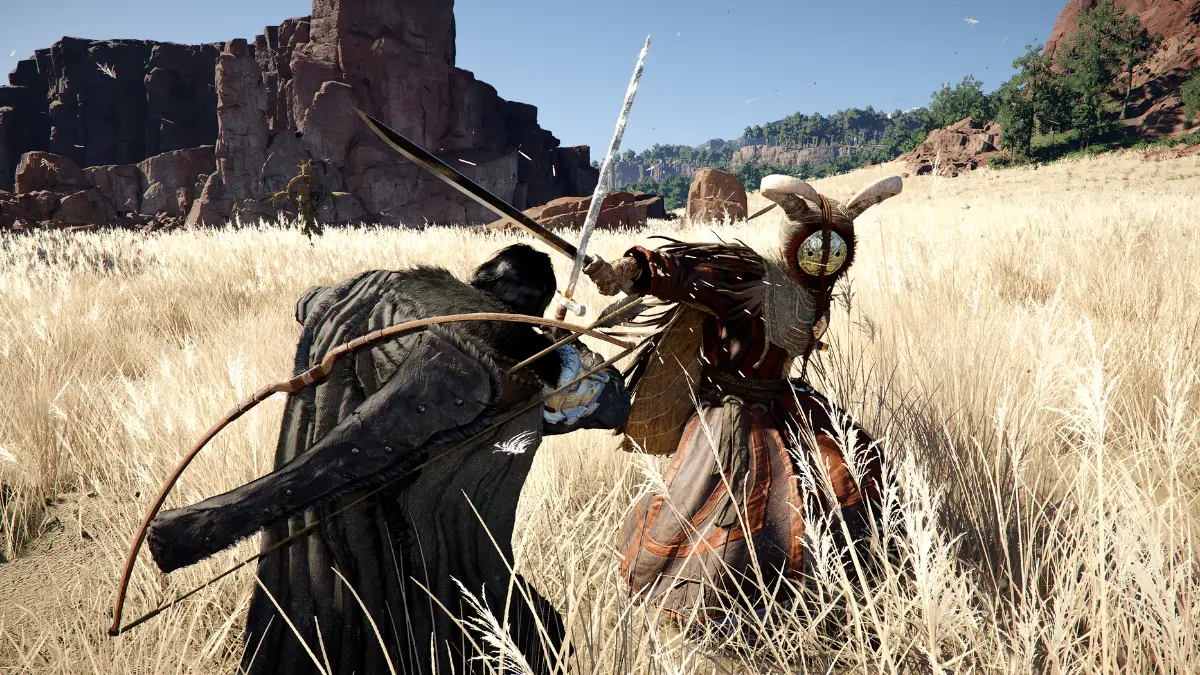 Two armored warriors dueling in grassy field