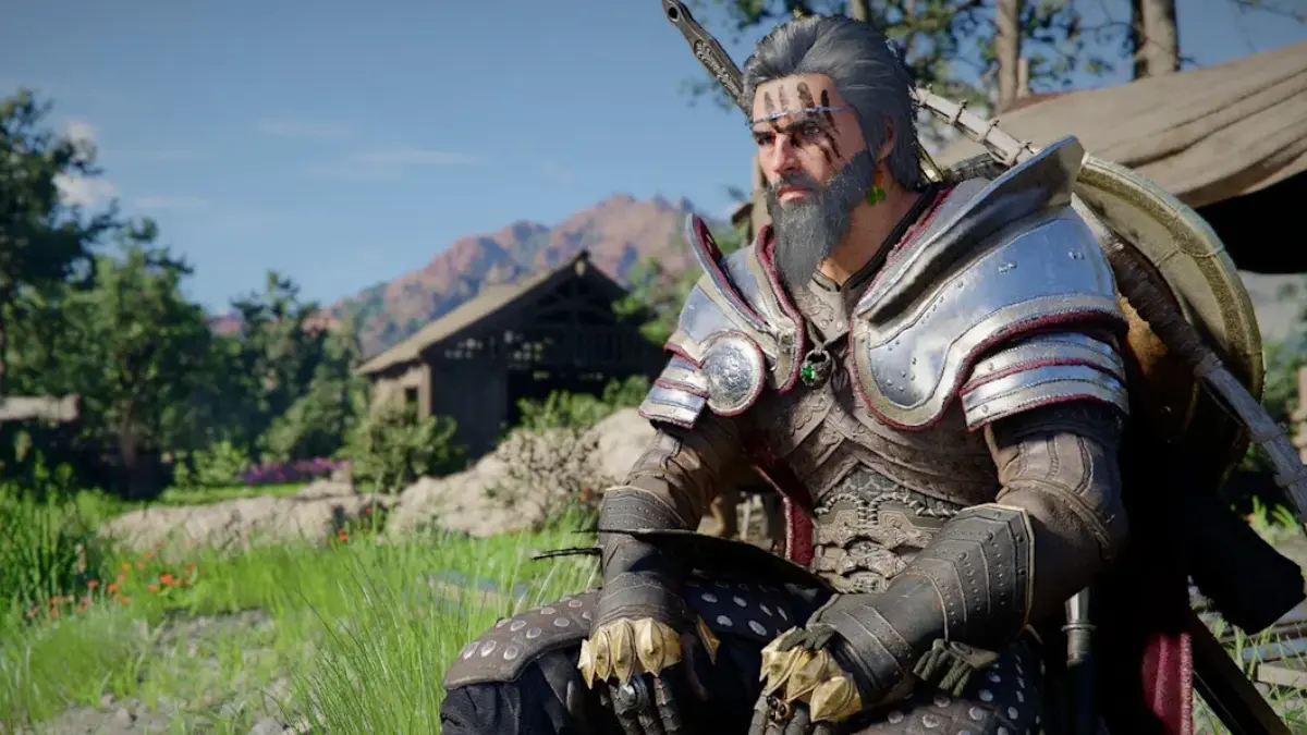 Armored warrior resting in grassy mountain campsite