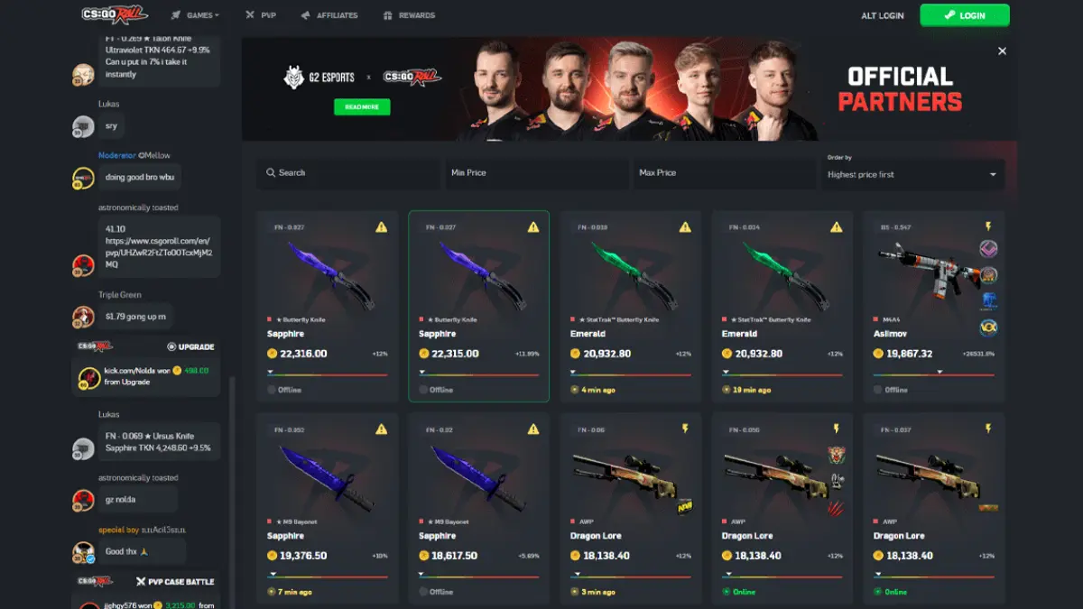 CSGO skin trading marketplace with weapon listings