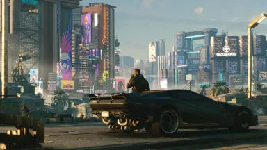 Futuristic cityscape with man and sleek car