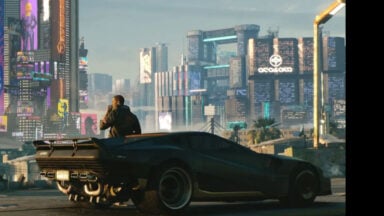 Man beside black sports car in neon futuristic city