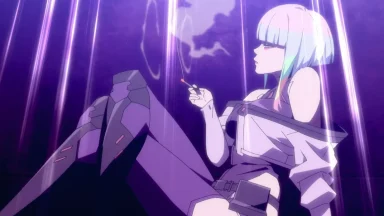 Anime character with white hair smoking, futuristic scene.
