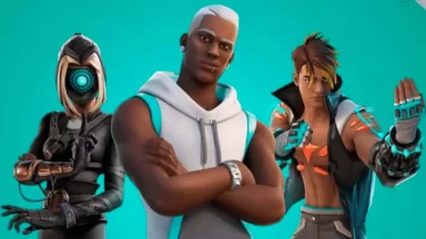 Three futuristic game characters posing against teal background