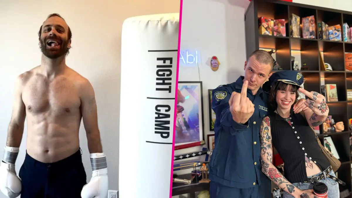 Boxer with punching bag; two people in costumes.