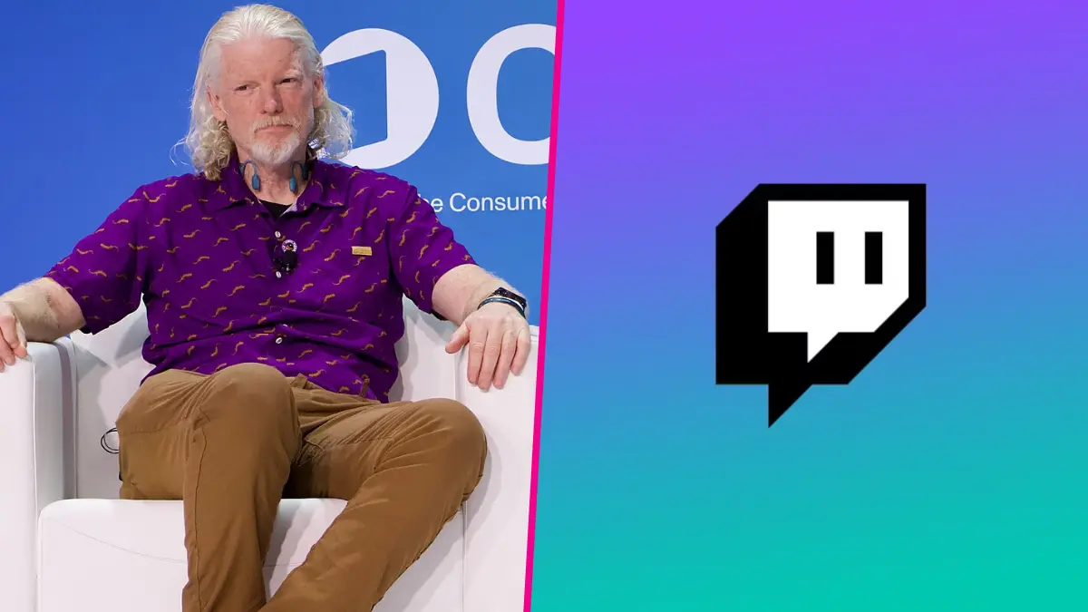 Man speaking at event beside Twitch logo