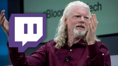 Person speaking with Twitch logo overlay.