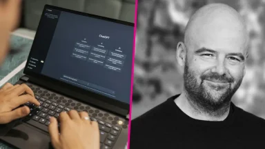 Person using ChatGPT on laptop and smiling man portrait