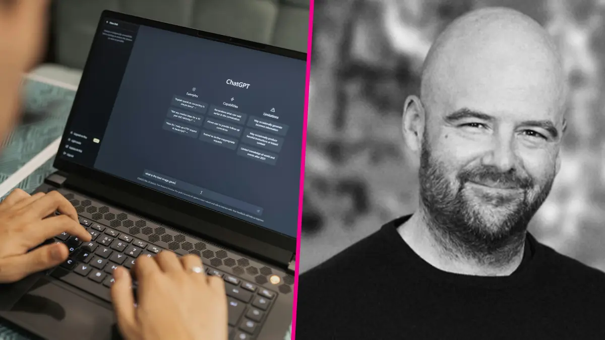 Person using ChatGPT on laptop and smiling man portrait