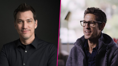 Two men smiling in different settings