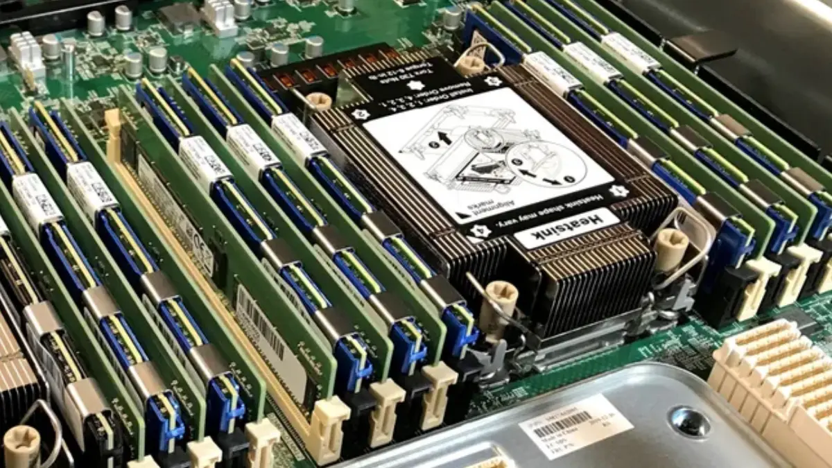 Computer motherboard with RAM and CPU heatsink