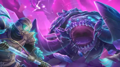 Armored warrior battles giant purple monster