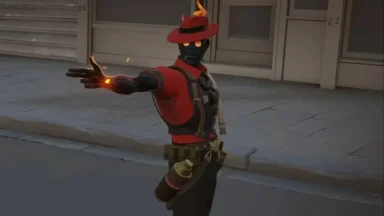 Stylized masked character casts fire spell on city street