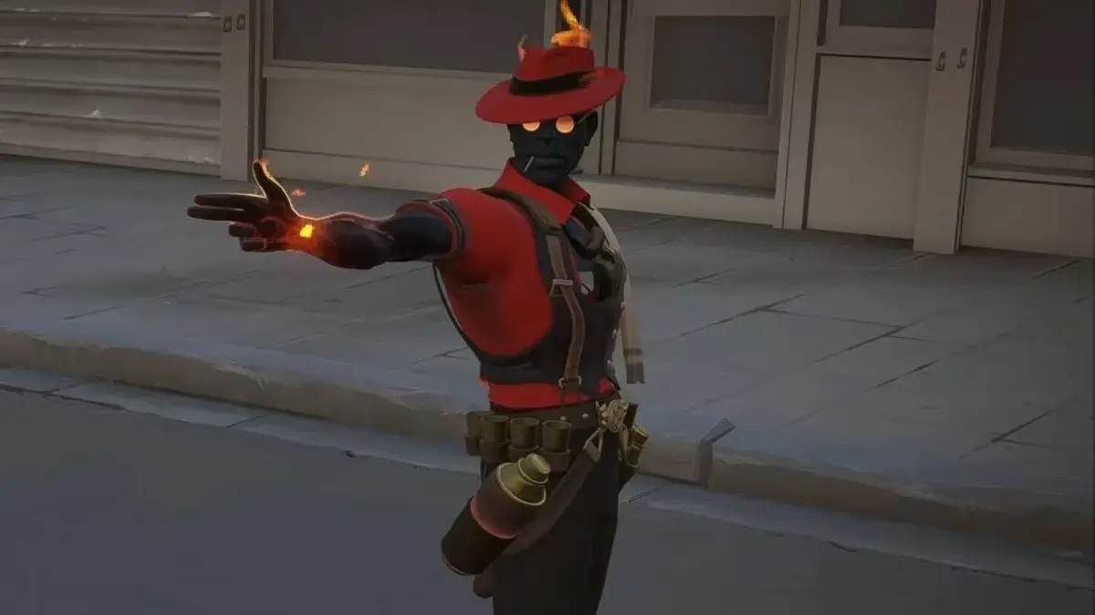 Stylized masked character casts fire spell on city street