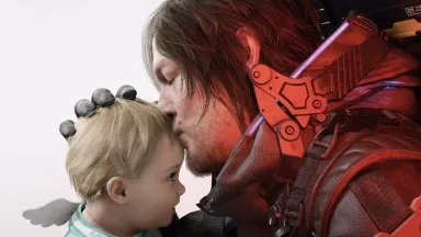 Futuristic soldier kissing child's head tenderly.
