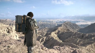 Figure overlooking vast rocky landscape with backpack.