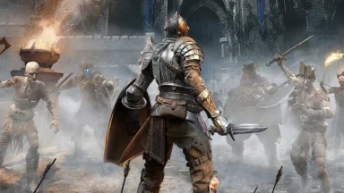 Armored knight confronts undead in foggy castle courtyard