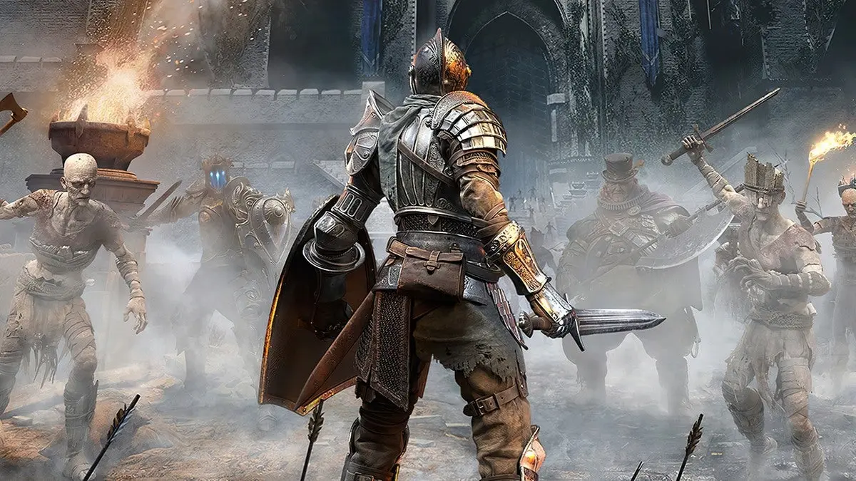 Armored knight confronts undead in foggy castle courtyard