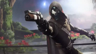 Hooded sci-fi warrior aiming futuristic handgun