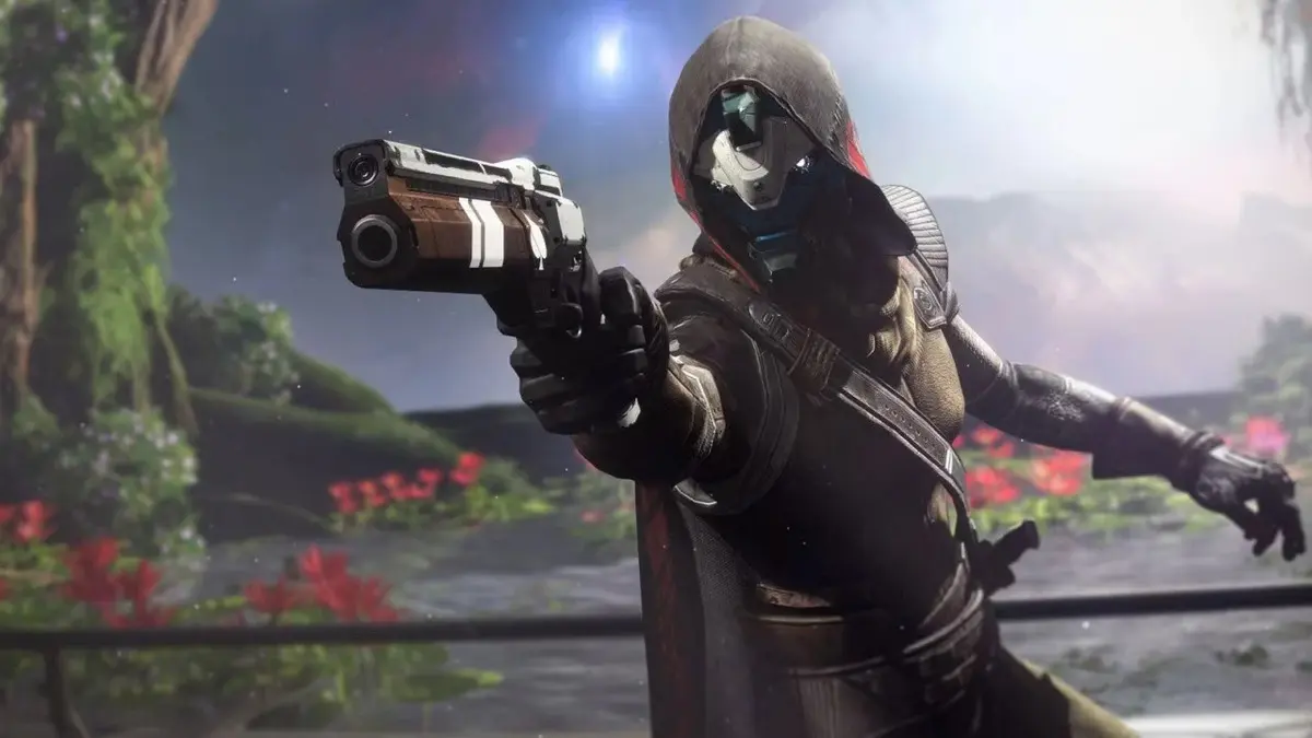 Hooded sci-fi warrior aiming futuristic handgun