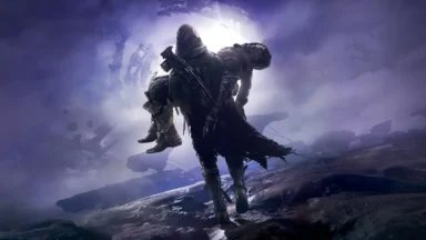 Armored figure carrying companion through glowing portal