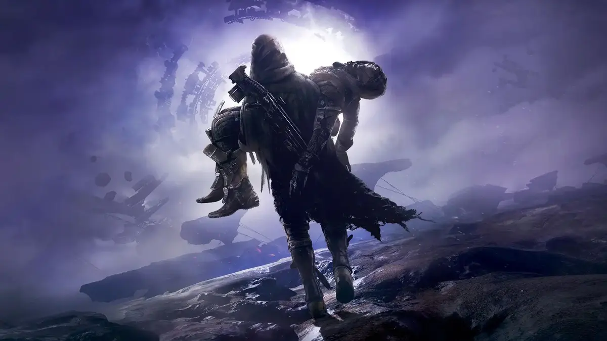 Armored figure carrying companion through glowing portal