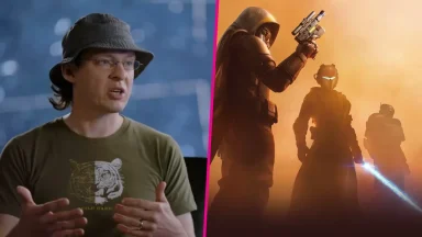 Game developer speaking and sci-fi warriors artwork