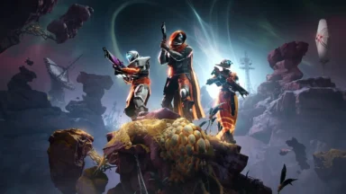 Three armored warriors on alien rocky landscape