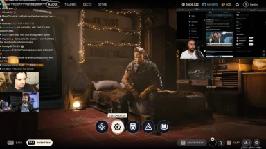 Streamer playing video game with chat overlay visible