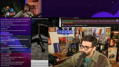 Two streamers discuss topics on split-screen video chat.