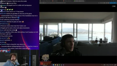 Livestream screen showing man with waterfront mountain view