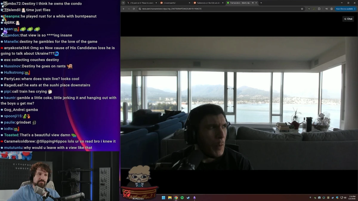 Livestream screen showing man with waterfront mountain view