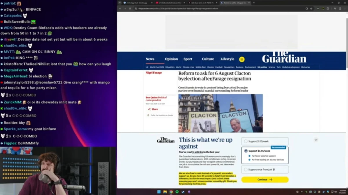 Livestream screen showing Guardian article and chat