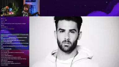 Streamer talking with black and white portrait displayed