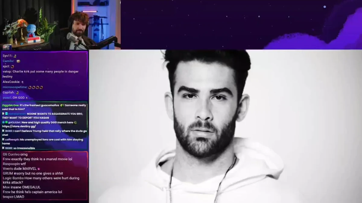 Streamer talking with black and white portrait displayed