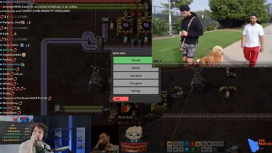 Paused Factorio stream with dog-walking video overlay